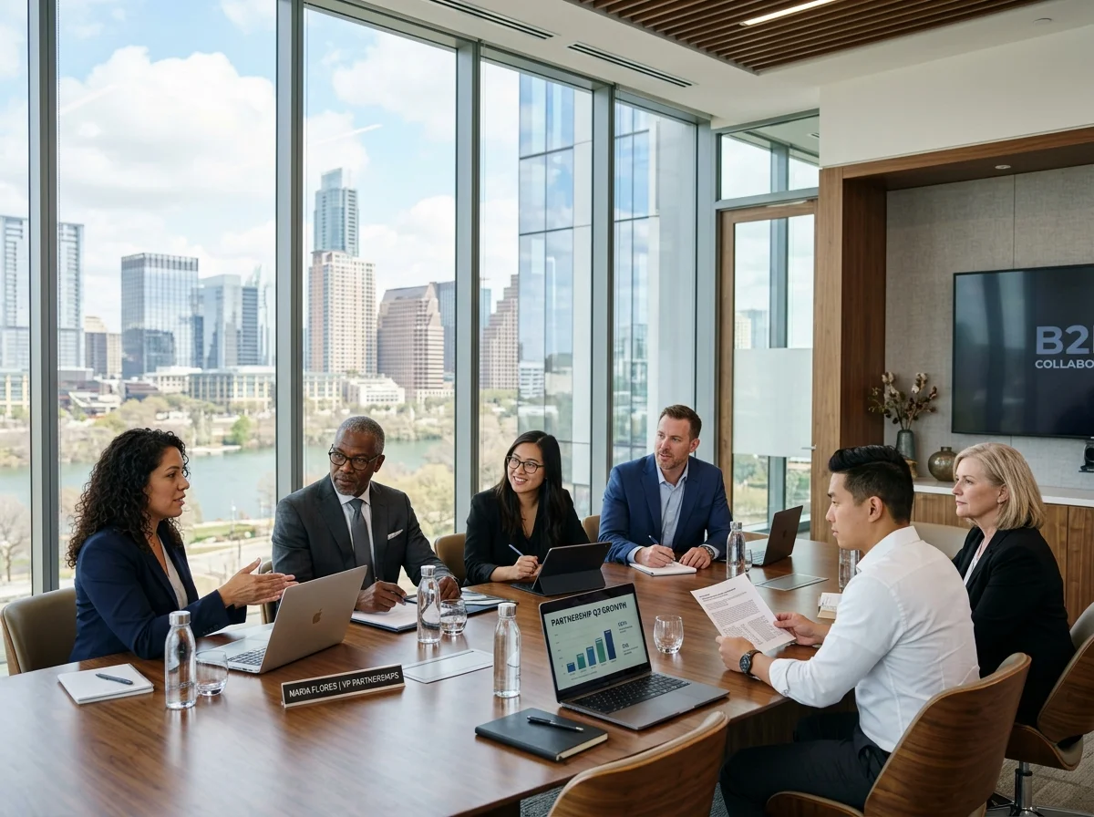 Professional business collaboration meeting in Austin office skyline